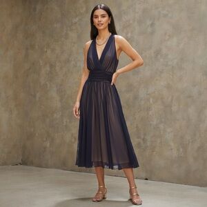 CONNECTED APPAREL Chiffon Overlay Fit & Flare Midi Dress In Eggplant/ Gold